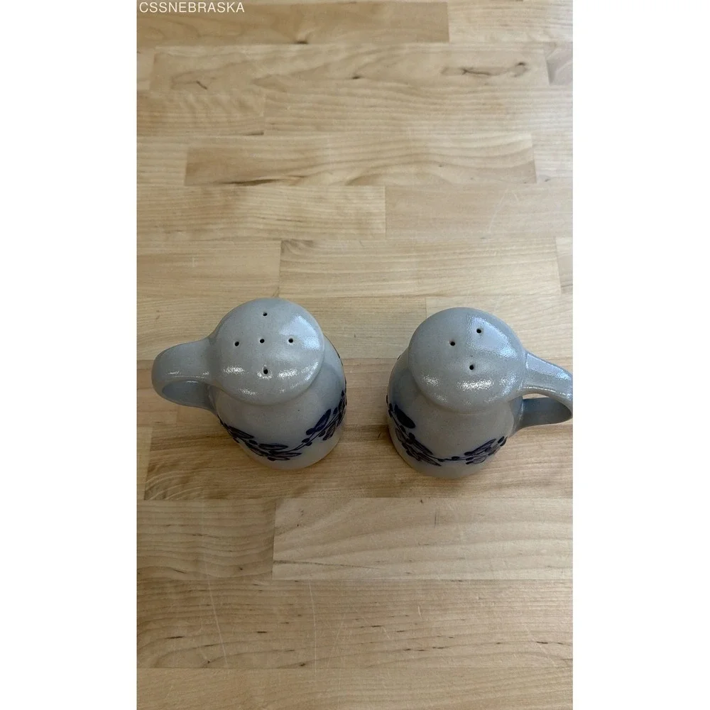 Vintage Salt Glaze Stoneware Salt and Pepper Shakers Blue Floral 2 Piece Set